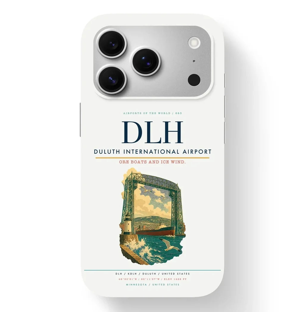 Duluth Airport (DLH) design on white iPhone 17 Pro MagSafe case
