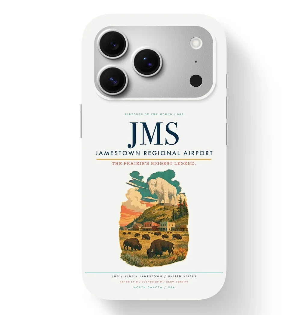 Jamestown Airport (JMS) design on white iPhone 17 Pro MagSafe case