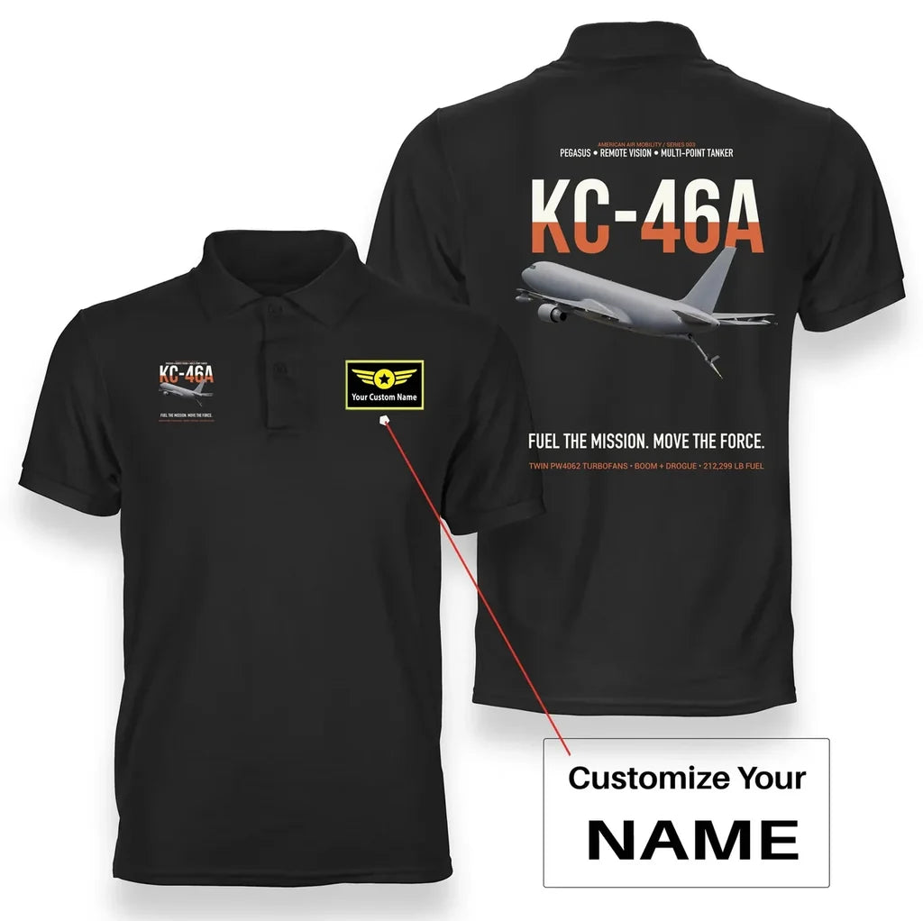 KC-46A PEGASUS design on black+name double-side polo t-shirt, double-side print