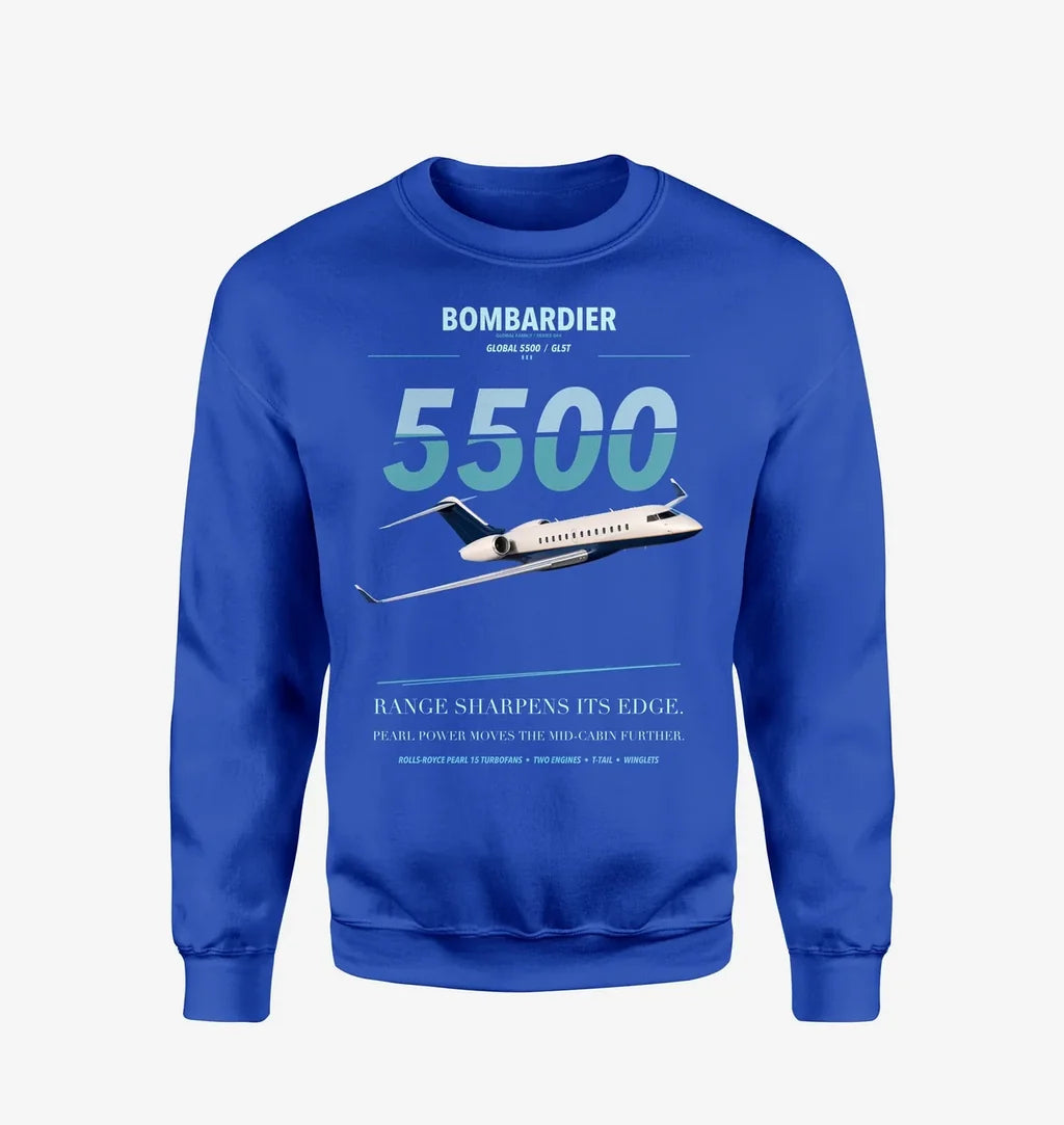 Bombardier Global 5500 design on blue sweatshirt