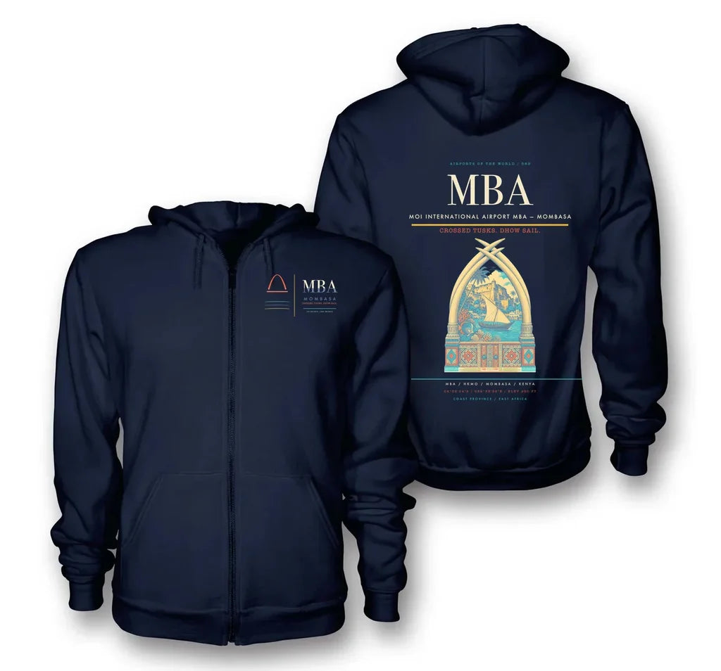 Mombasa Airport (MBA) design on navy blue premium zipped hoodie