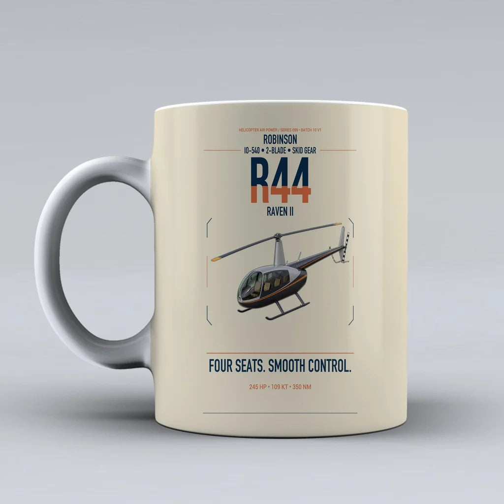 Robinson R44 Raven II design on beige ceramic mug, double-side print