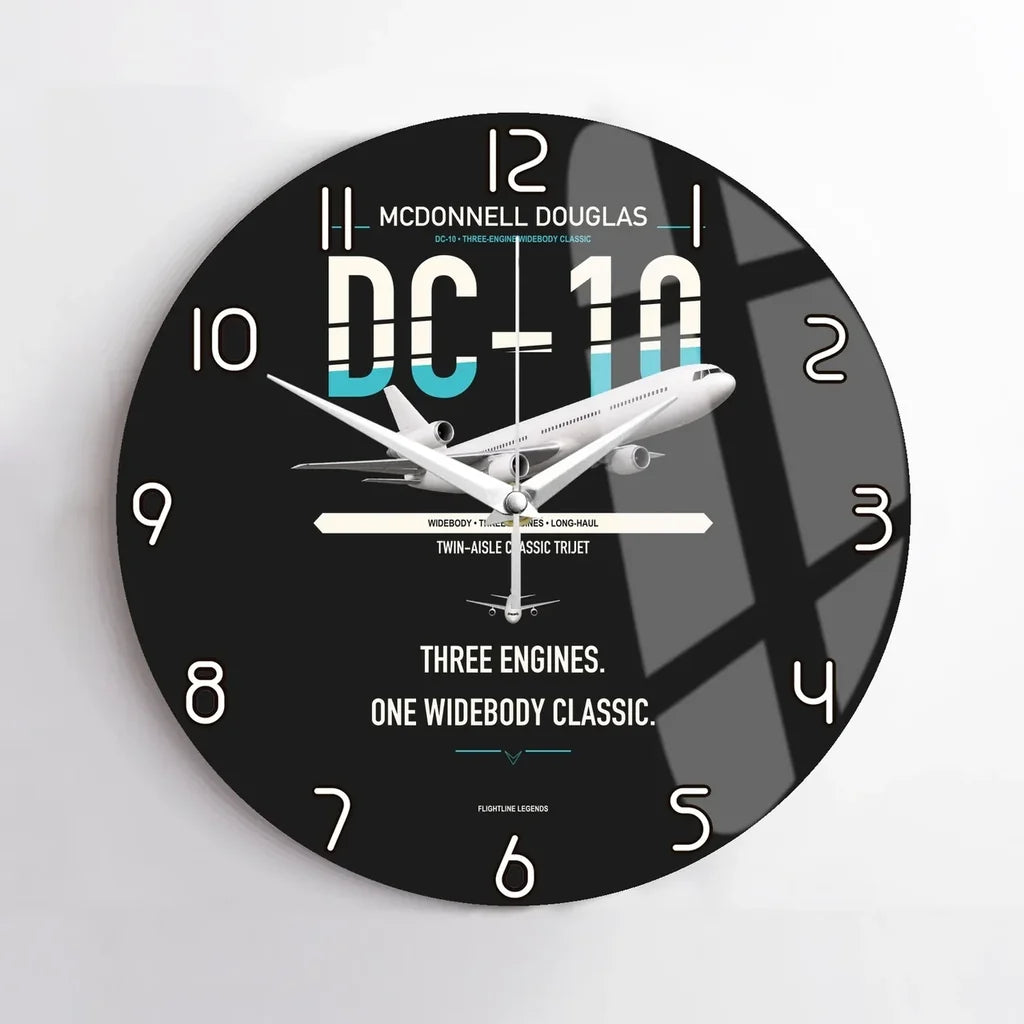 McDonnell Douglas DC-10 design on black no frame wall clock