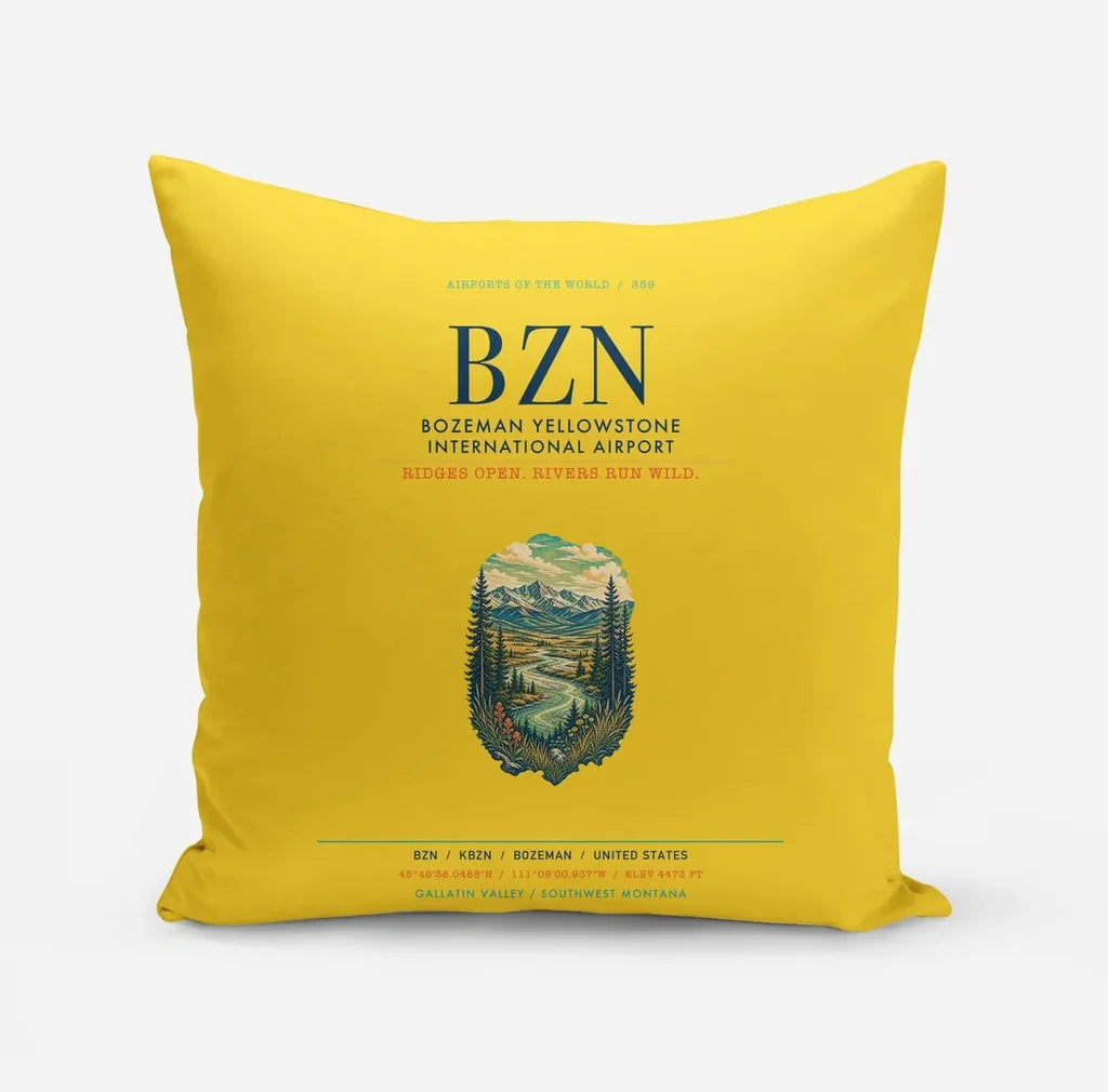 Bozeman Yellowstone International Airport (BZN) design on yellow pillow