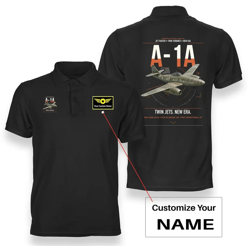 Messerschmitt Me 262A-1a design on black+name double-side polo t-shirt, double-side print