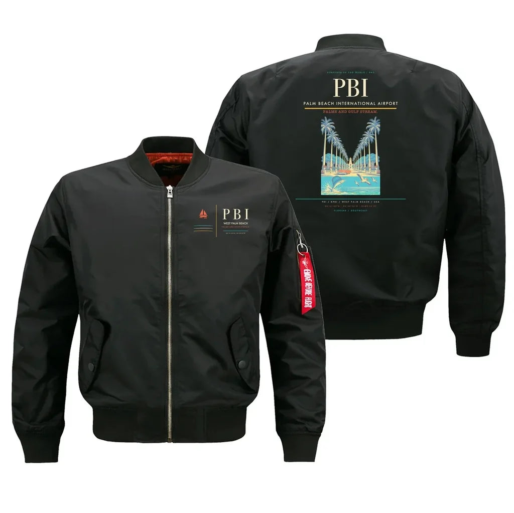 Palm Beach International Airport (PBI) design on black bomber jacket