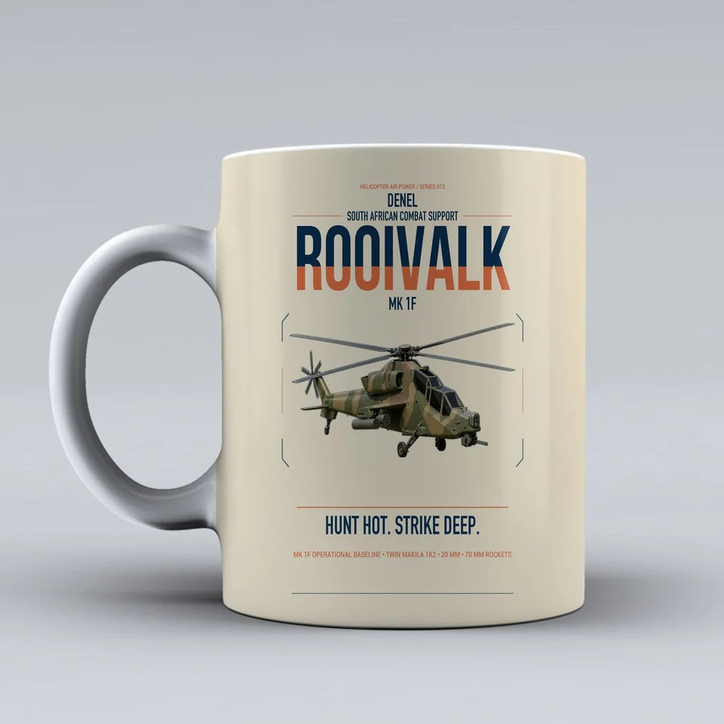 Denel Rooivalk Mk 1F design on beige ceramic mug, double-side print