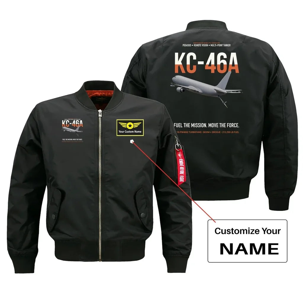 KC-46A PEGASUS design on black+name bomber jacket, double-side print