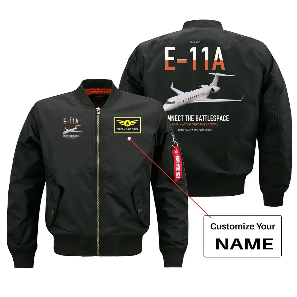 E-11A BACN design on black+name bomber jacket, double-side print