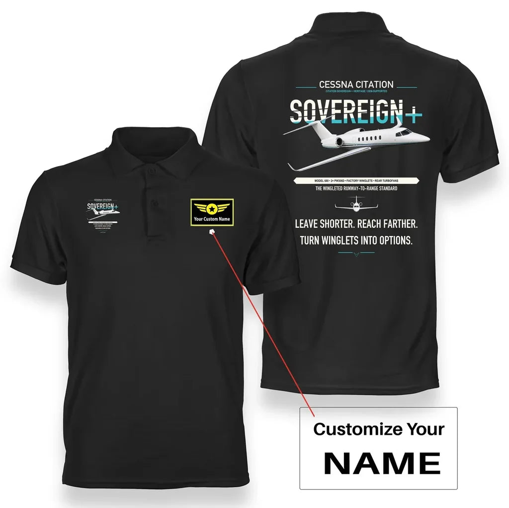 Cessna Citation Sovereign+ design on black+name double-side polo t-shirt, double-side print