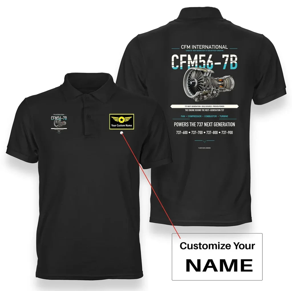 CFM56-7B design on black polo with custom name badge
