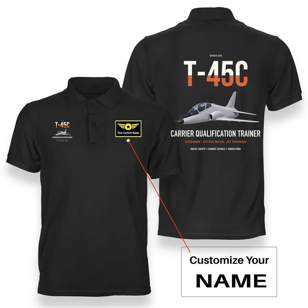 T-45C Goshawk design on black+name double-side polo t-shirt, double-side print