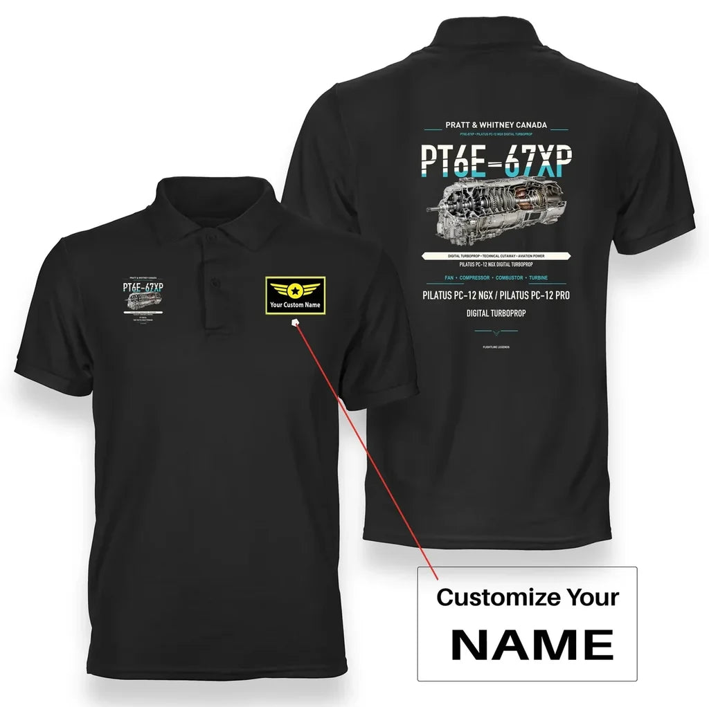 PT6E-67XP design on black polo with custom name badge