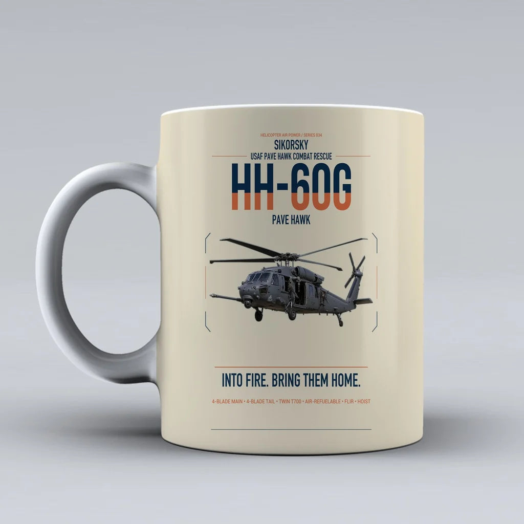 Sikorsky HH-60G Pave Hawk design on beige ceramic mug, double-side print