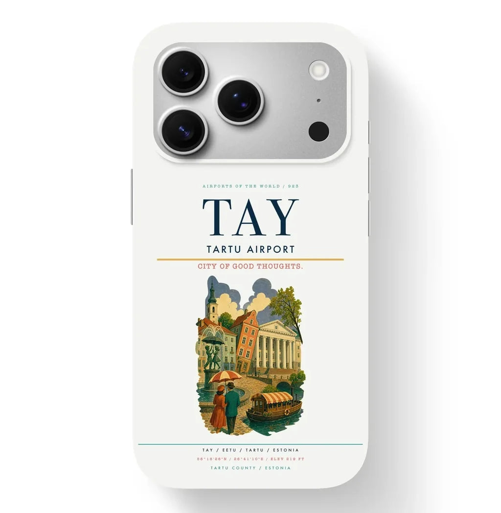Tartu Airport (TAY) design on white iPhone 17 Pro MagSafe case