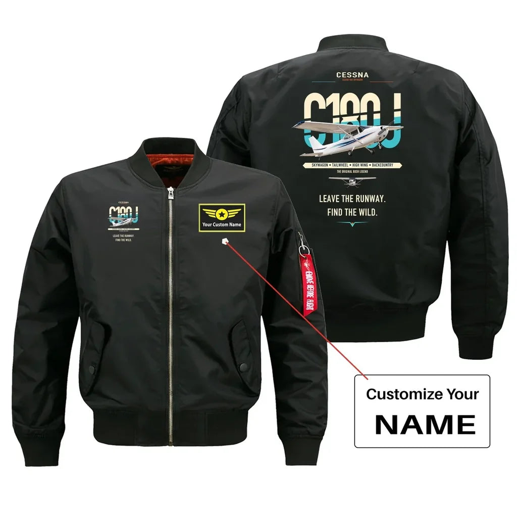 Cessna 180J Skywagon design on black+name bomber jacket, double-side print