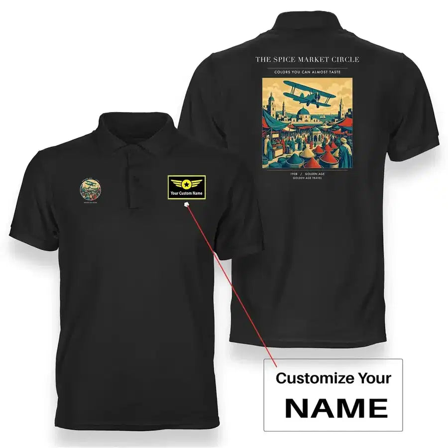 VINTAGE G4498 - The Spice Market Circle - Double-Side Polo T-Shirt design on black+name