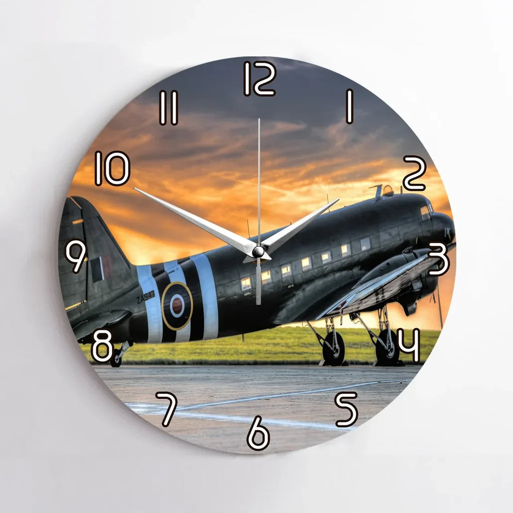 Old Airplane Parked During Sunset Wall Clock - view 2