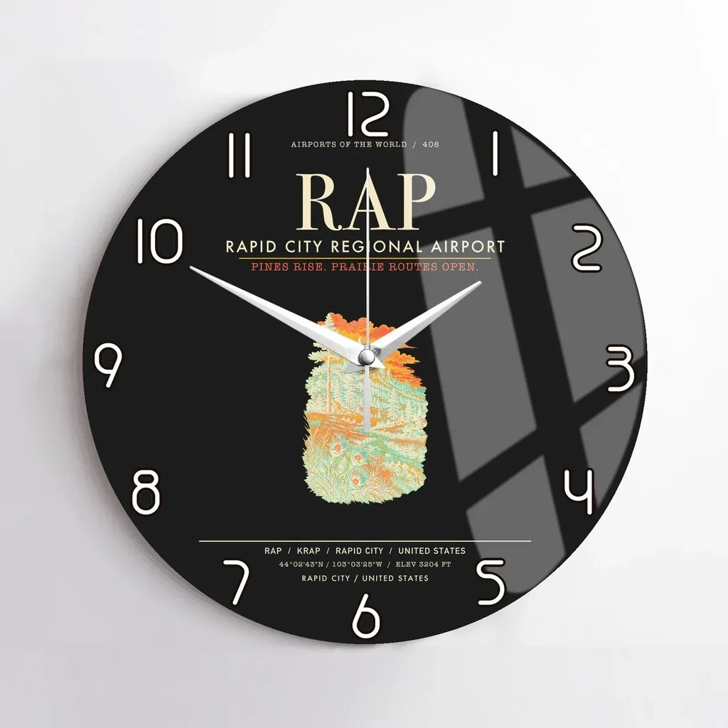 Rapid City Regional Airport (RAP) design on black no frame wall clock