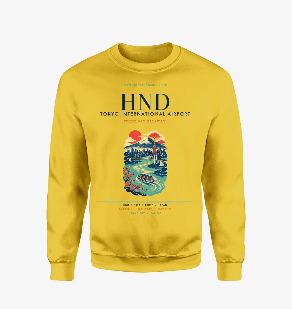 Tokyo Haneda Airport (HND) design on yellow sweatshirt
