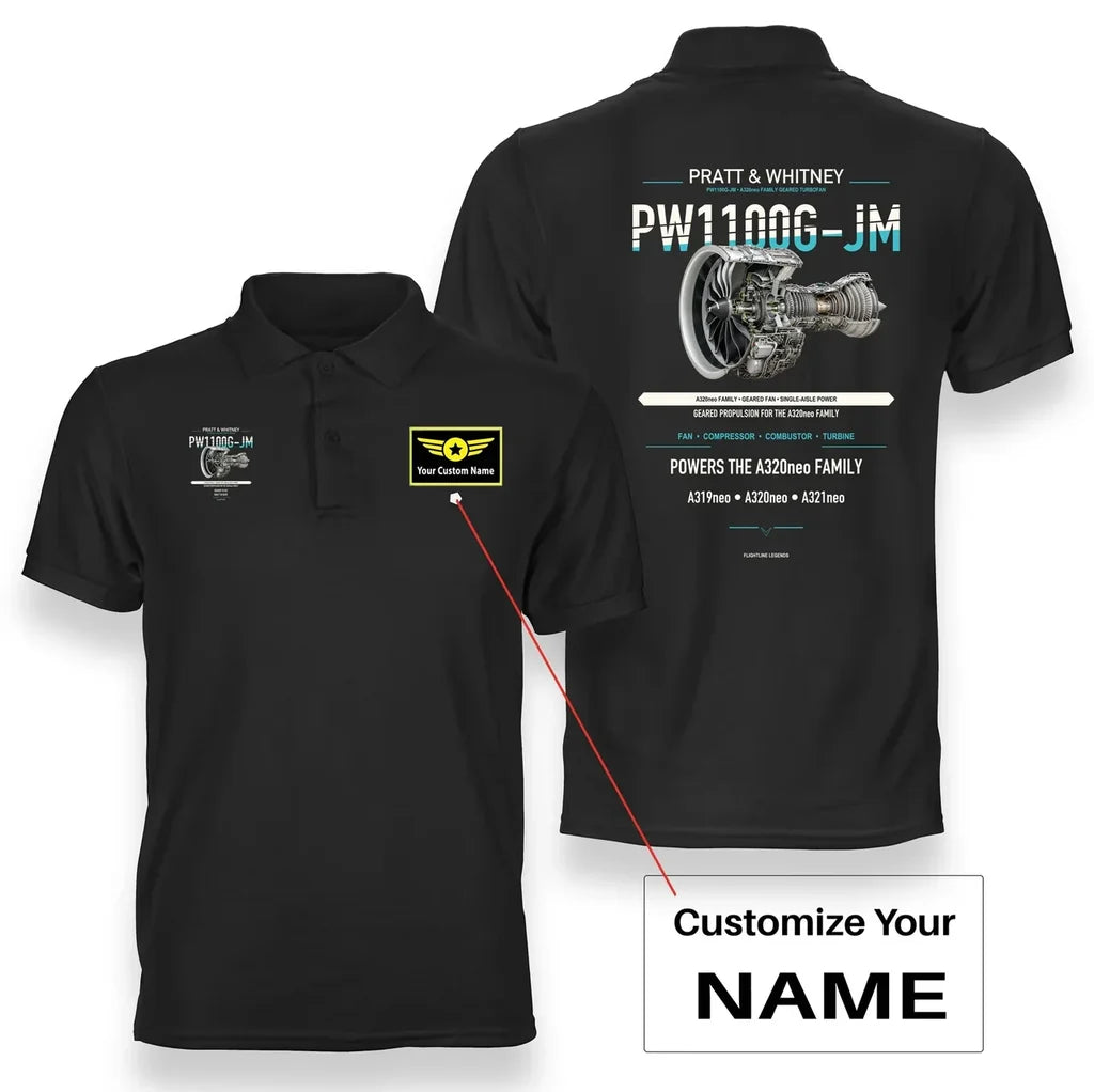 PW1100G-JM design on black polo with custom name badge