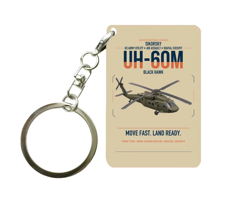 Sikorsky UH-60M Black Hawk design on beige designed key chain, double-side print