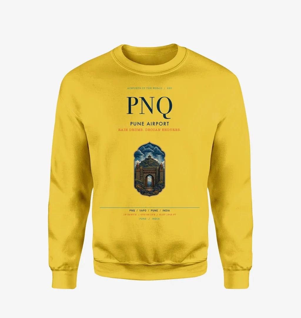 Pune Airport (PNQ) design on yellow sweatshirt