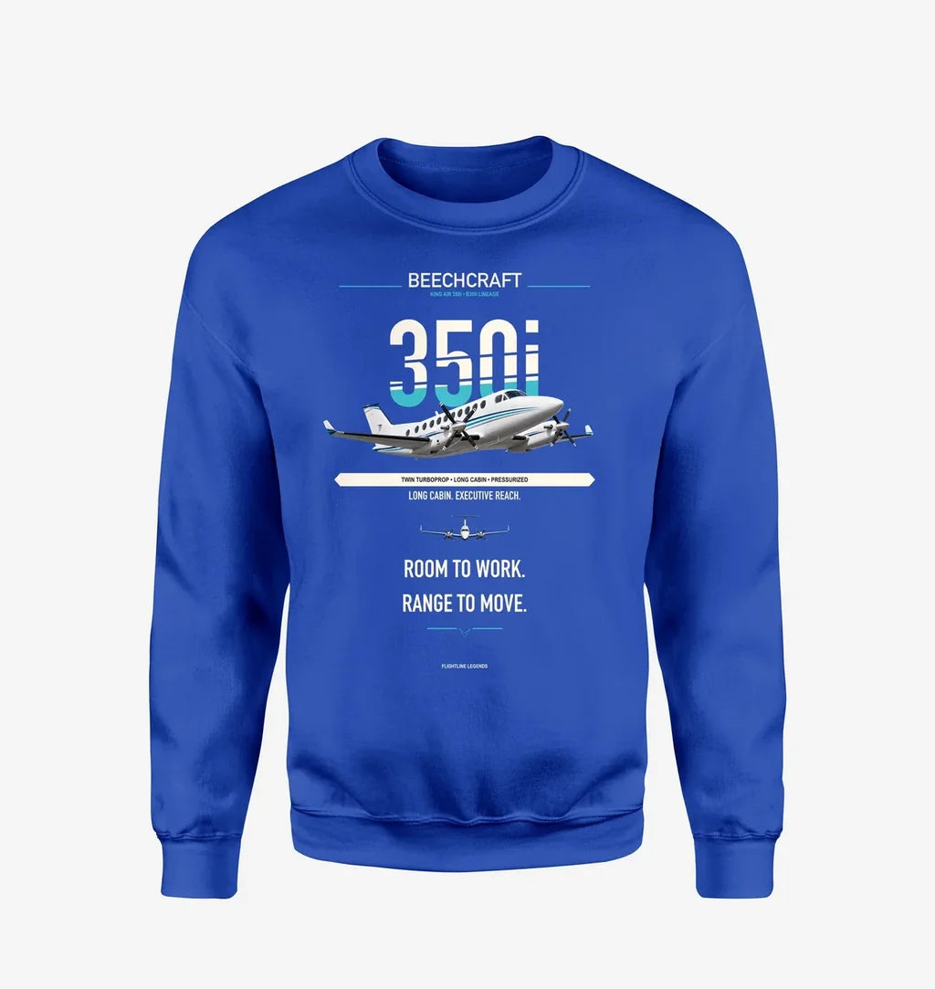 Beechcraft King Air 350i design on blue sweatshirt