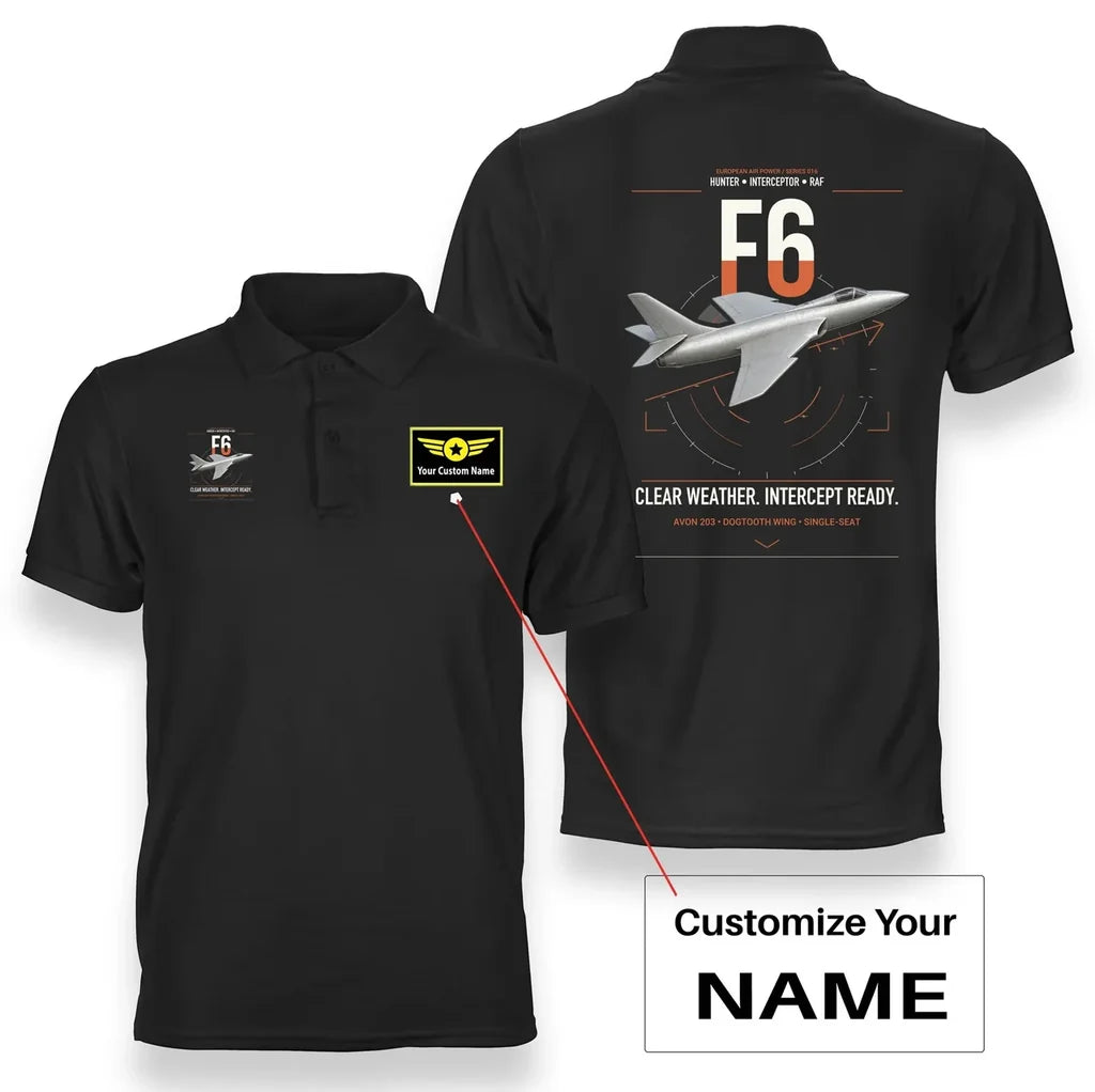 Hawker Hunter F6 design on black+name double-side polo t-shirt, double-side print