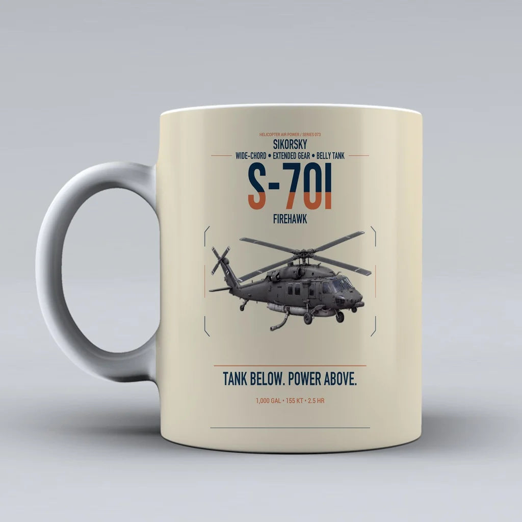 Sikorsky S-70i FIREHAWK design on beige ceramic mug, double-side print