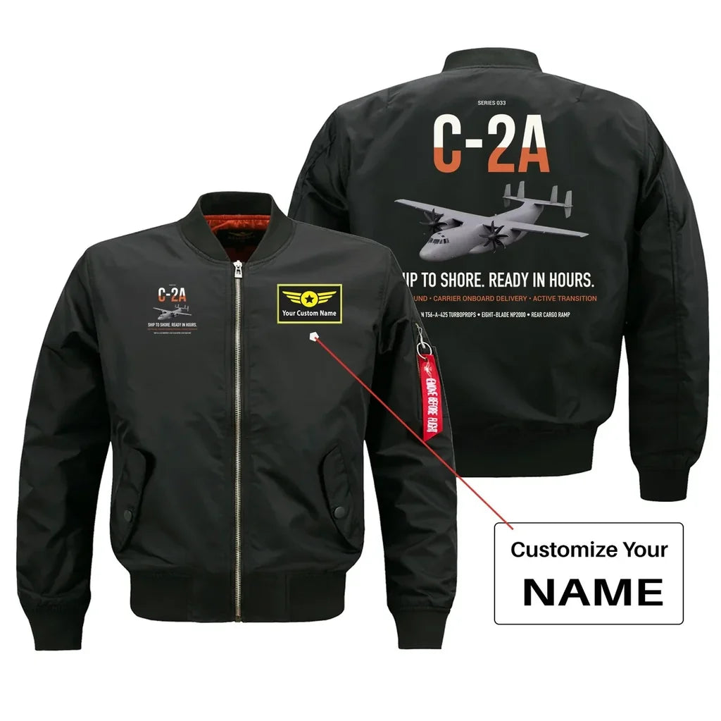 C-2A Greyhound design on black+name bomber jacket, double-side print