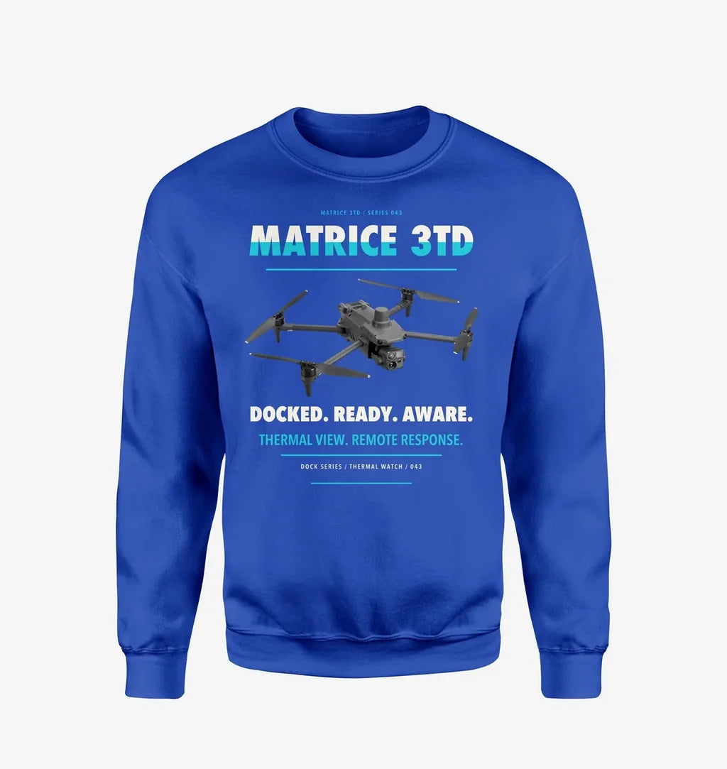 DJI Matrice 3TD design on blue sweatshirt