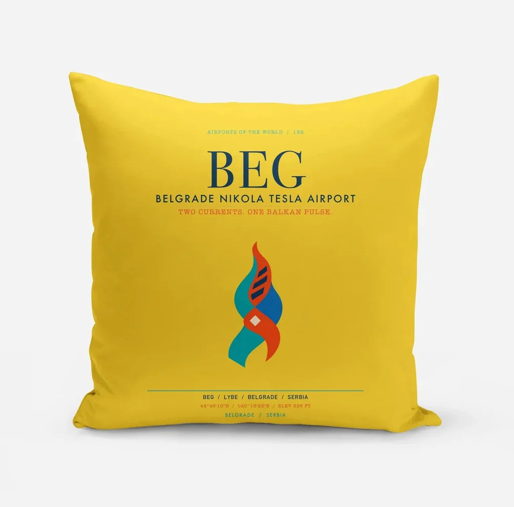Belgrade Nikola Tesla Airport (BEG) design on yellow pillow