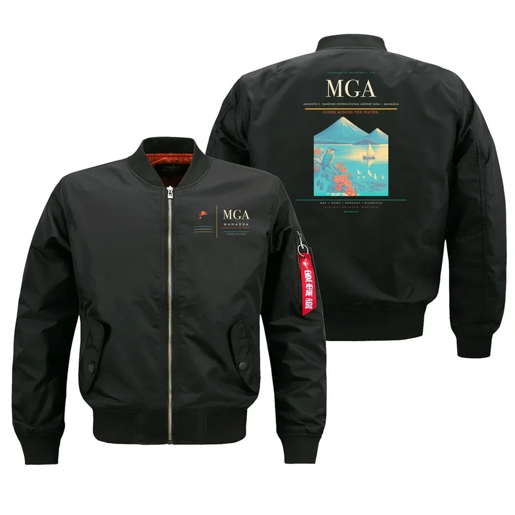 Augusto C. Sandino International Airport (MGA) design on black bomber jacket