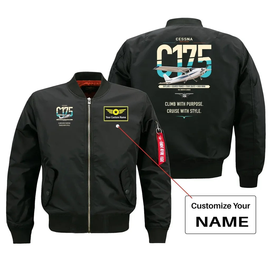 Cessna 175 Skylark design on black+name bomber jacket, double-side print