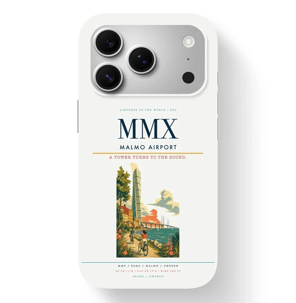 Malmo Airport (MMX) design on white iPhone 17 Pro MagSafe case