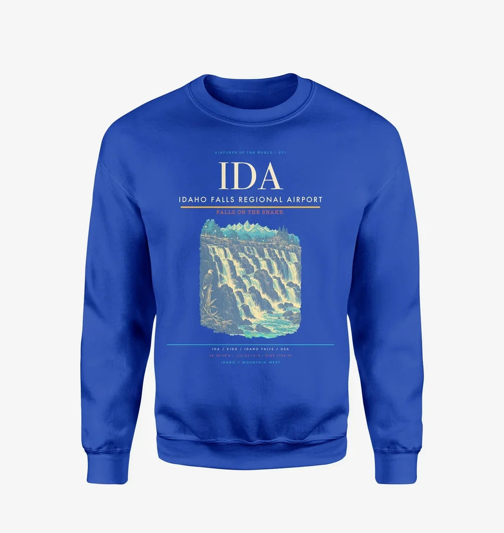 Idaho Falls Regional Airport (IDA) design on blue sweatshirt