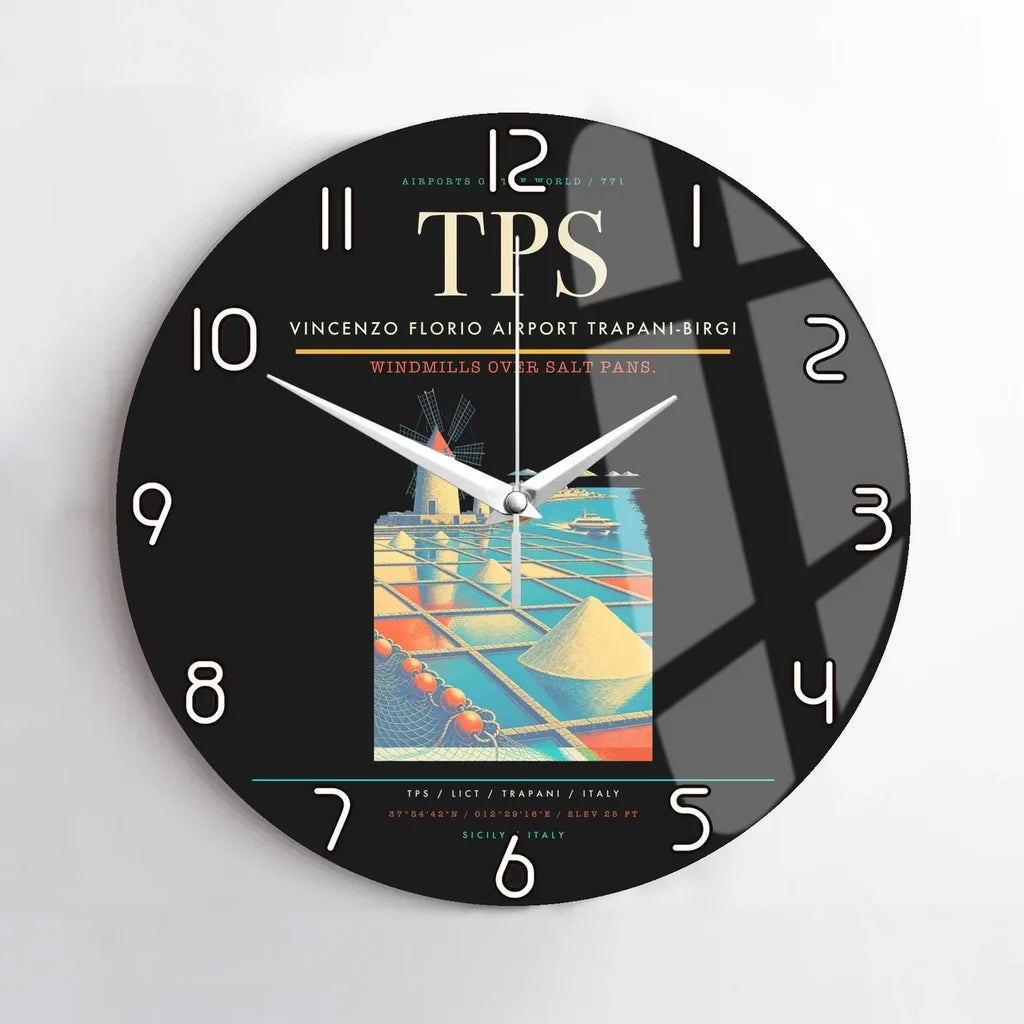 Vincenzo Florio Airport Trapani-Birgi (TPS) design on black no frame wall clock