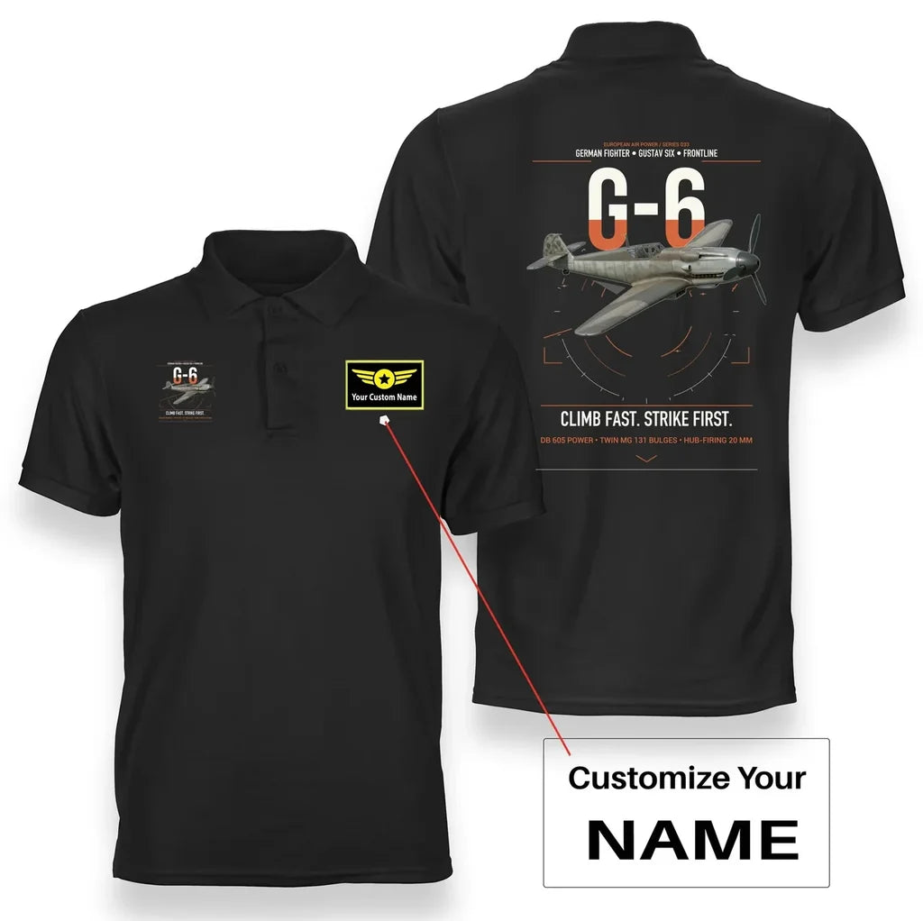 Messerschmitt Bf 109G-6 design on black+name double-side polo t-shirt, double-side print