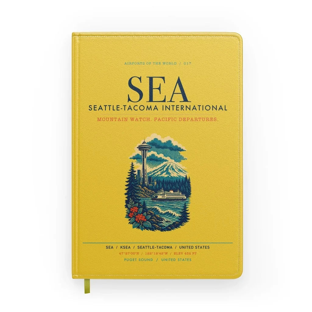 Seattle-Tacoma International Airport (SEA) design on yellow notebook