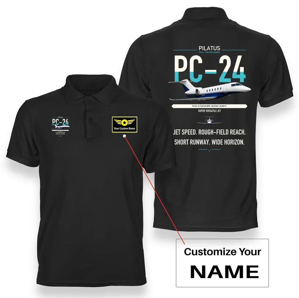 Pilatus PC-24 design on black+name double-side polo t-shirt, double-side print