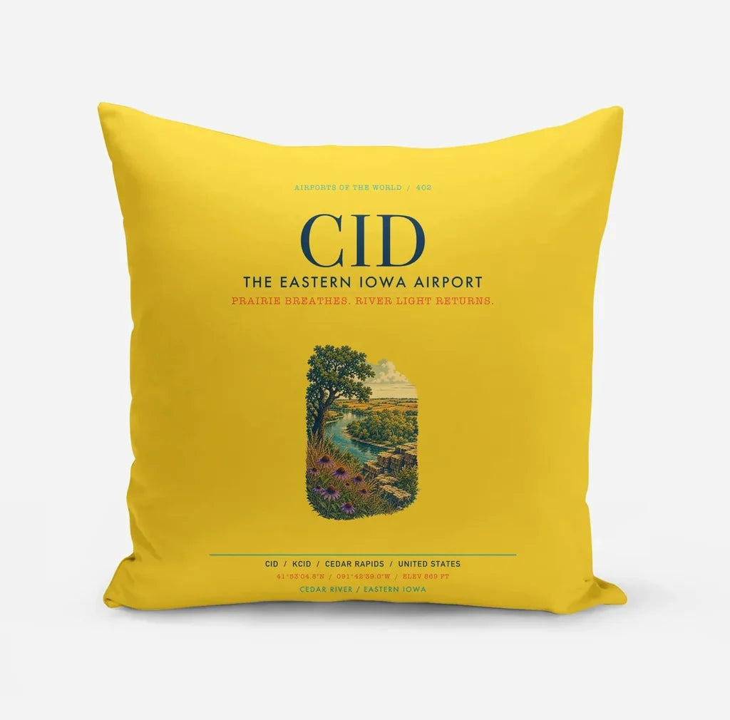 The Eastern Iowa Airport Cedar Rapids (CID) design on yellow pillow