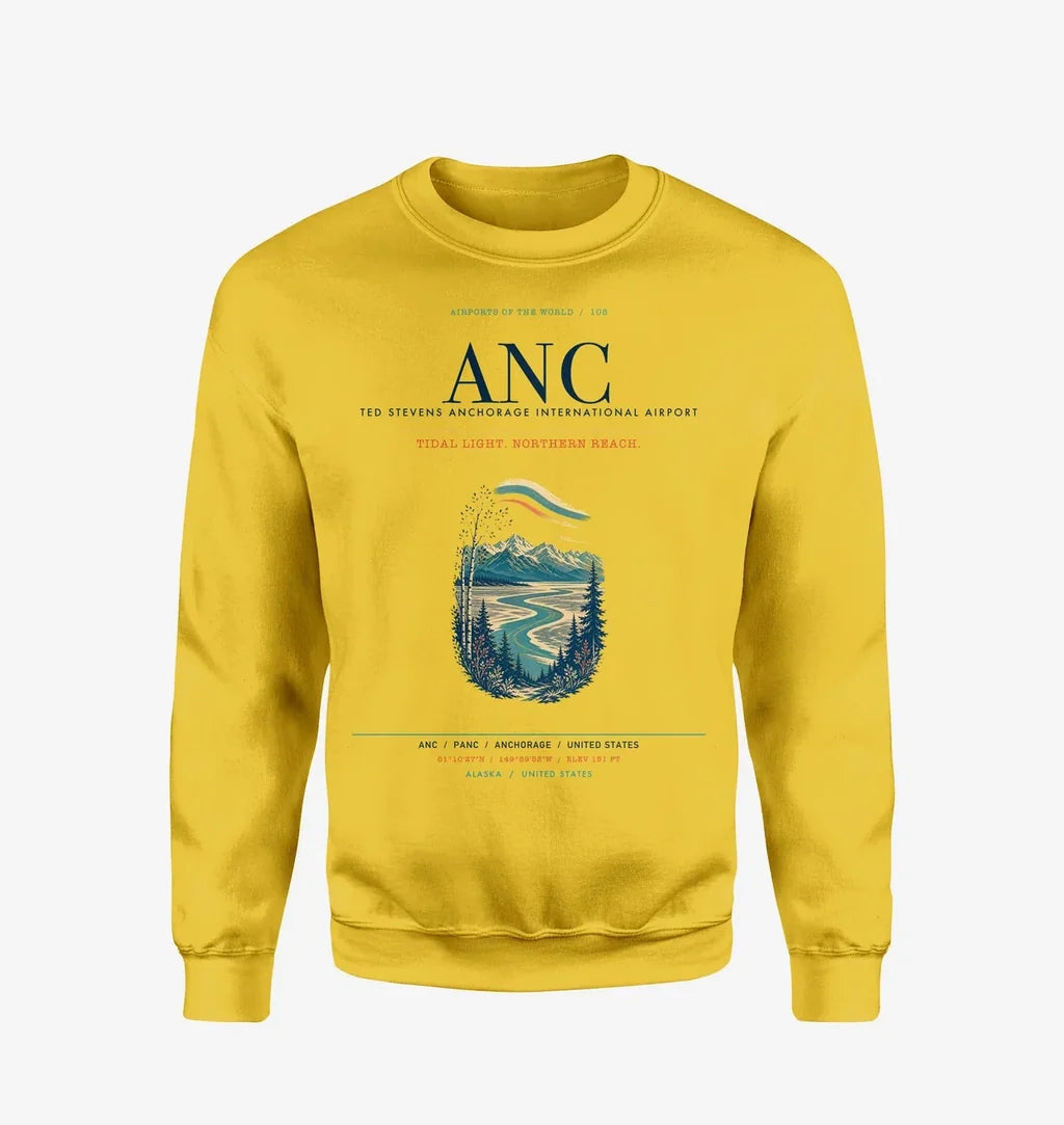 Ted Stevens Anchorage International Airport (ANC) design on yellow sweatshirt