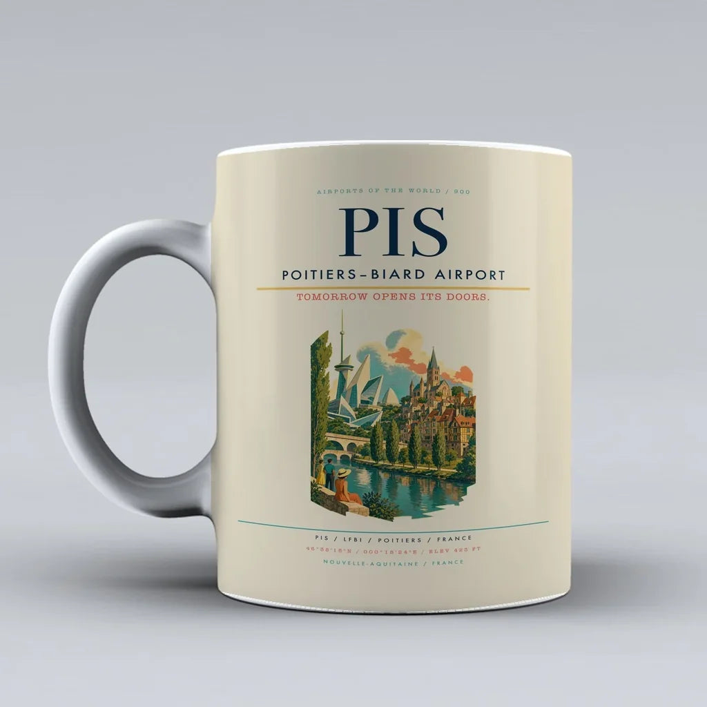 Poitiers–Biard Airport (PIS) airport code design on beige ceramic mug