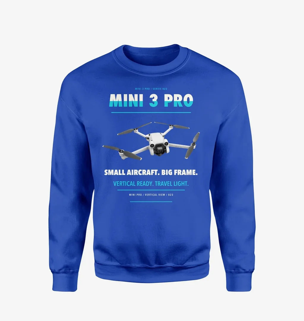 DJI Mini 3 Pro design on blue sweatshirt
