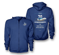 Thumbnail for Fokker 70 design on blue premium zipped hoodie, double-side print