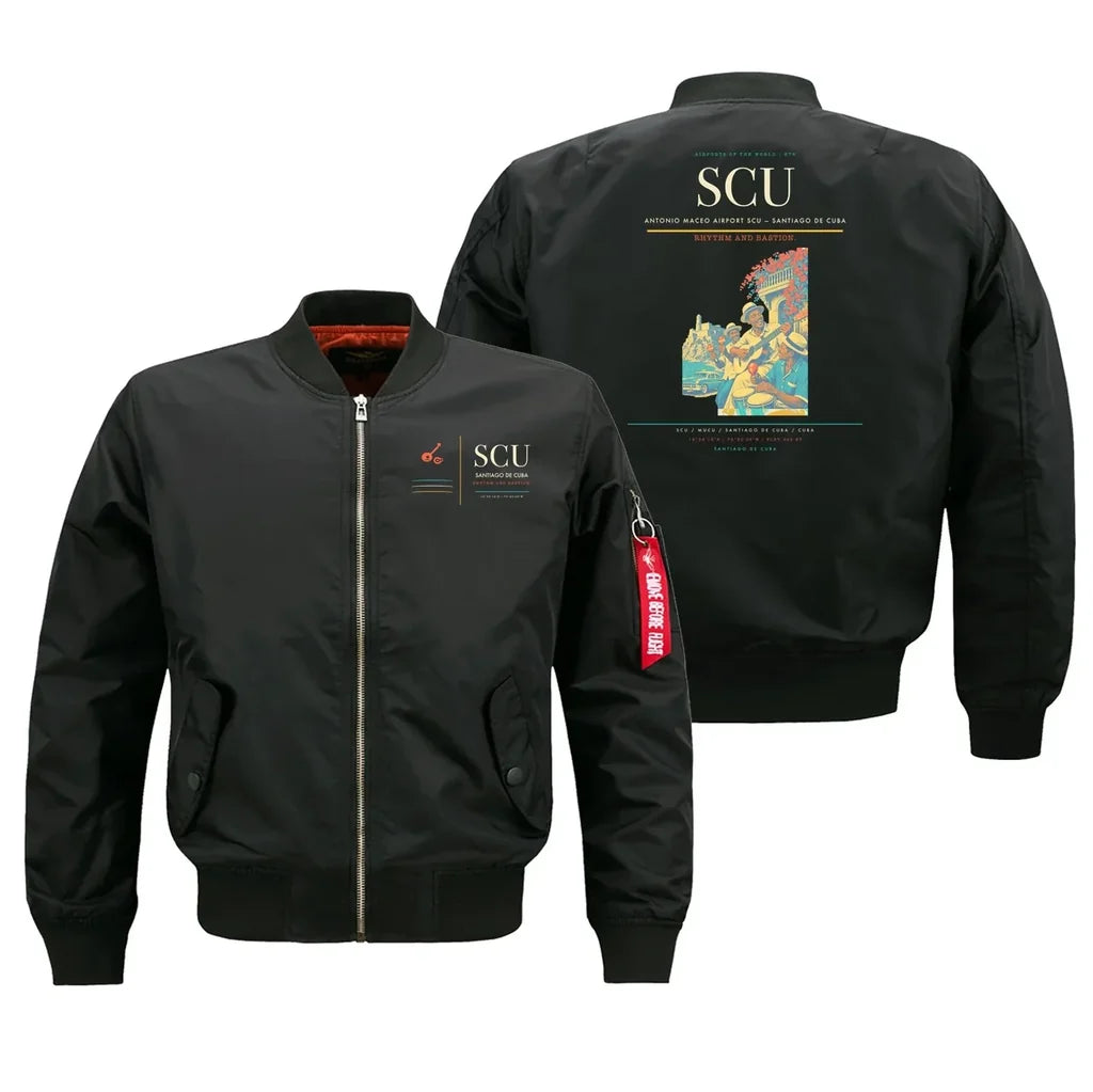 Antonio Maceo Airport (SCU) design on black bomber jacket
