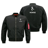 Thumbnail for Norse Atlantic Airways aviation design embroidered on black bomber jacket