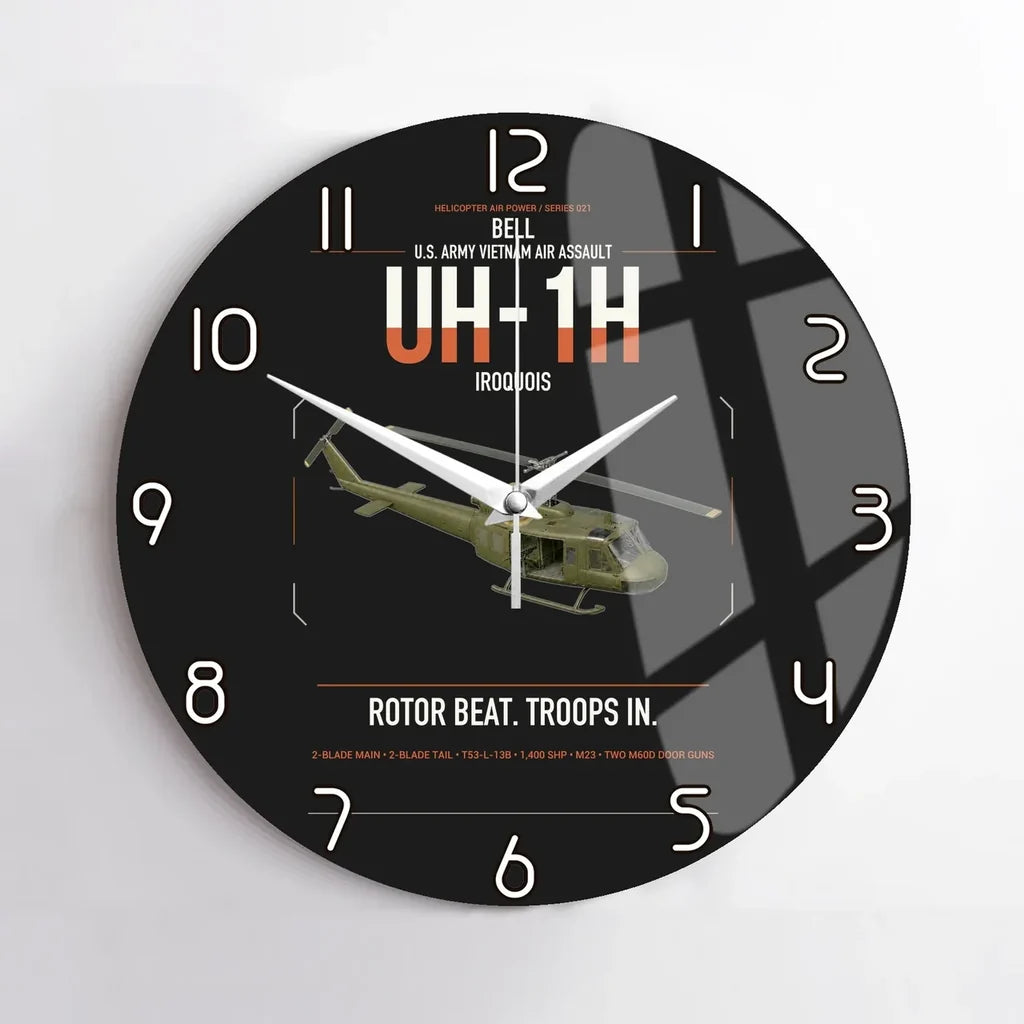 Bell UH-1H Iroquois design on black no frame wall clock