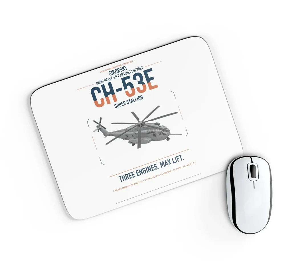 Sikorsky CH-53E Super Stallion design on white rectangle mouse pad